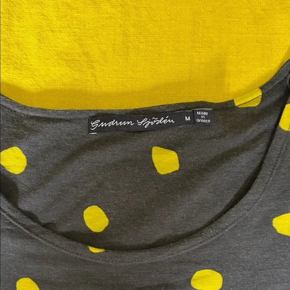 Gudrun Sjoden Yellow Midi Dress with Black Polka Dot Sleeves - Picture 5 of 5